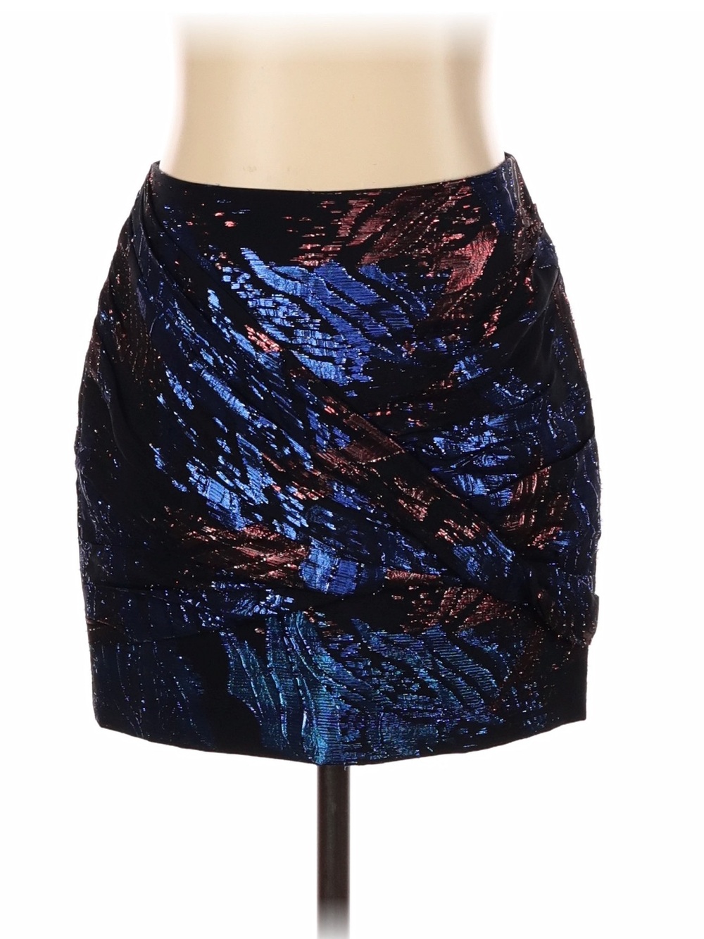 Maje NWT Metallic Jacquard Ruched Mini Skirt Black Blue Silk 34 US 2